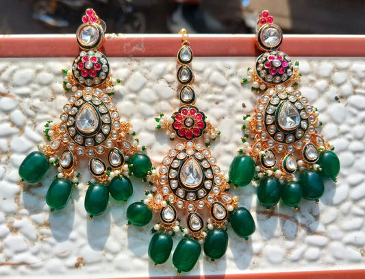 Royal Kundan Meenakari Chandbali Earrings with Emerald Beads