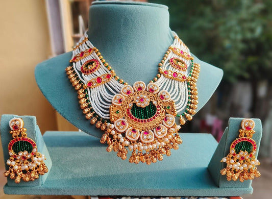Temple Design Pearl Beaded Bridal Necklace Set