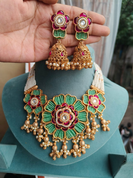 "Royal Meenakari Floral Necklace Set with Jhumki Earrings"